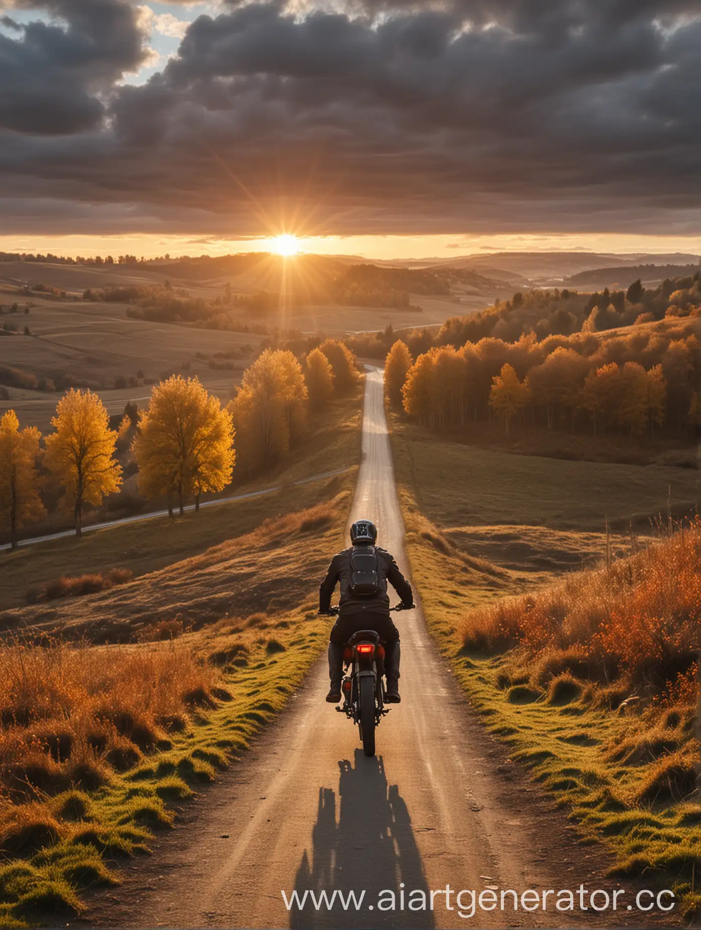 Biker-Riding-into-Autumn-Sunset-Landscape