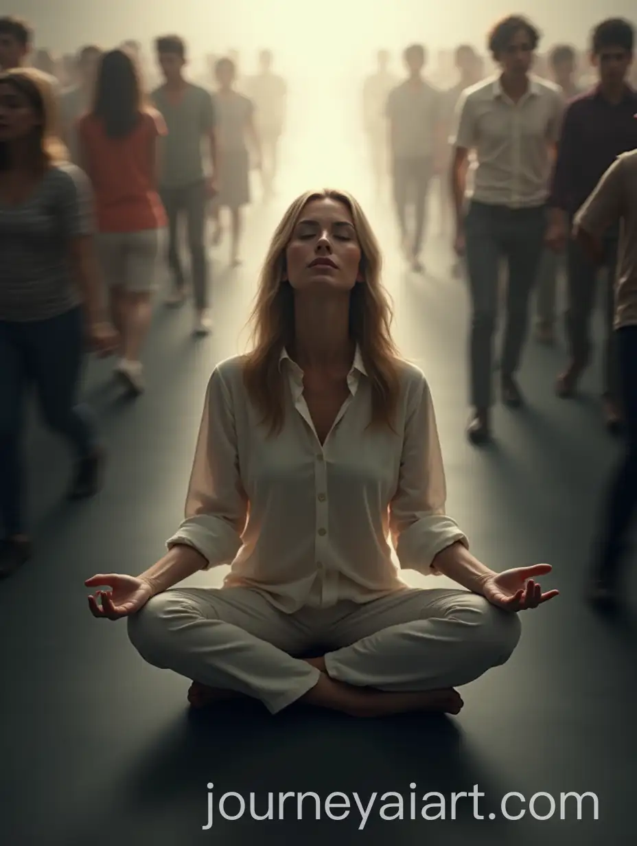 Woman-Meditating-in-Stillness-Amidst-a-Chaotic-Crowd-with-Motion-Blur