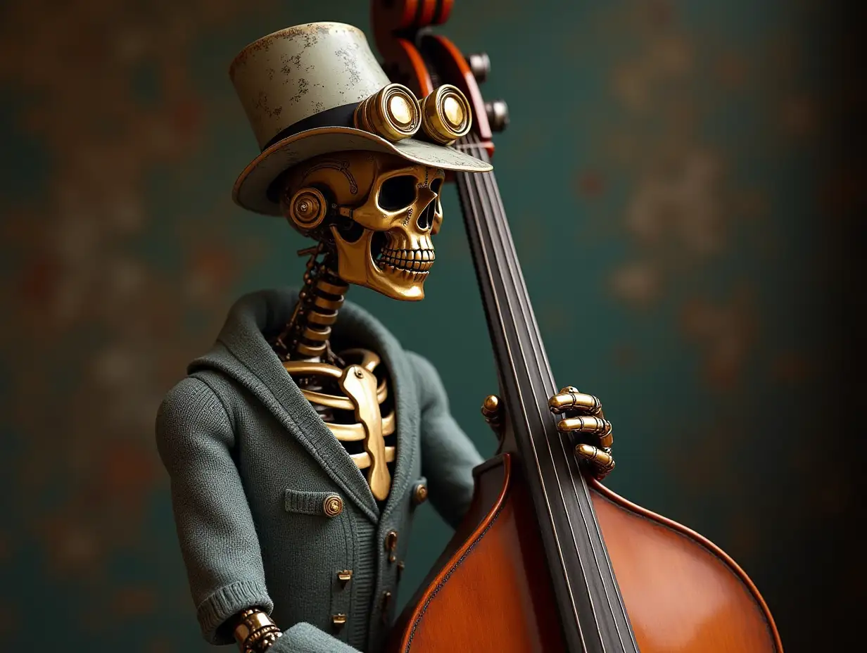 Create a high-resolution, realistic image of a robot with a skeletal body, golden porcelain hands and head, a sweater, a Steampunk top hat, and a double bass in 4K resolution (Steampunk 8K quality)