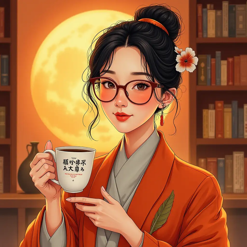 A 40-year-old intellectual Chinese woman, warm orange lighting, Chinese modern mixed and matched clothing, wise and gentle eyes, subtle upward movement of the corners of the mouth, reflective lenses of thin-framed glasses, holding a coffee cup with "The World is Sober" in her left hand, a quill pen in her right hand, a bookshelf and moon in the background, a chili brooch, illustration style, and soft watercolor brushstrokes with a slight comic sense