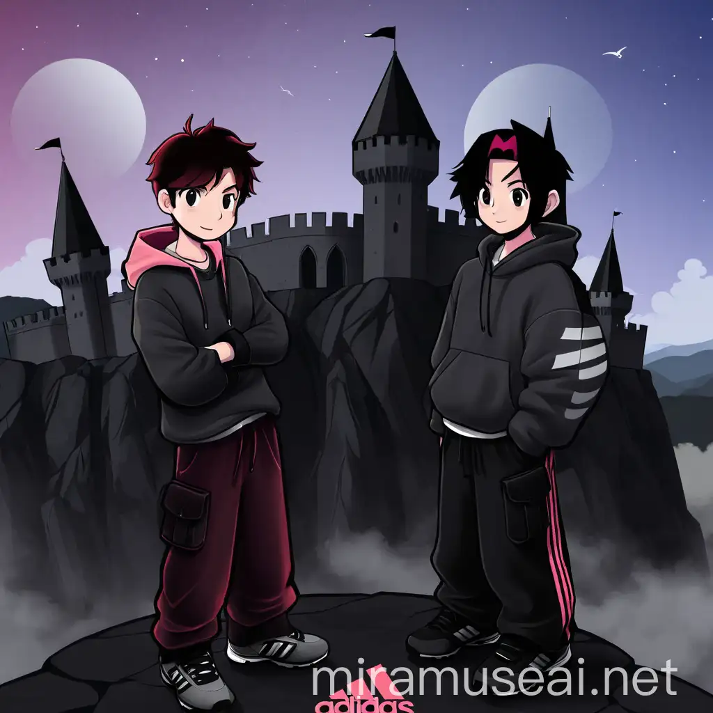 Two Men Standing on Cliff Edge with Gothic Castle in Red Drawing Style