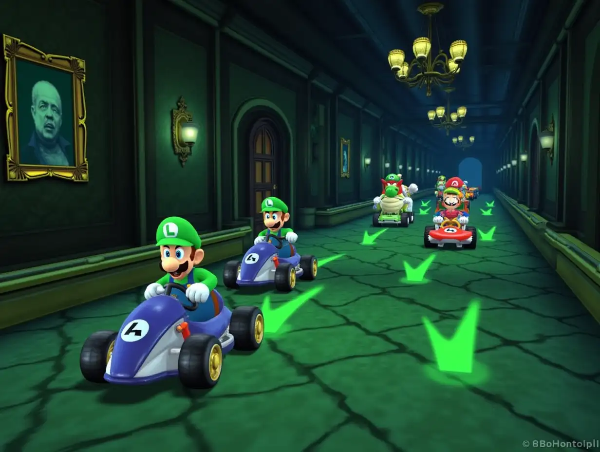 Luigi’s Mansion Mayhem: An eerie race taking place inside Luigi's Mansion. The track winds through spooky, dimly lit hallways and rooms filled with haunted portraits and ghostly figures. Luigi, Mario, and Bowser are racing past cobwebs and creepy chandeliers, with glowing green ghost trails adding a supernatural touch to the race.