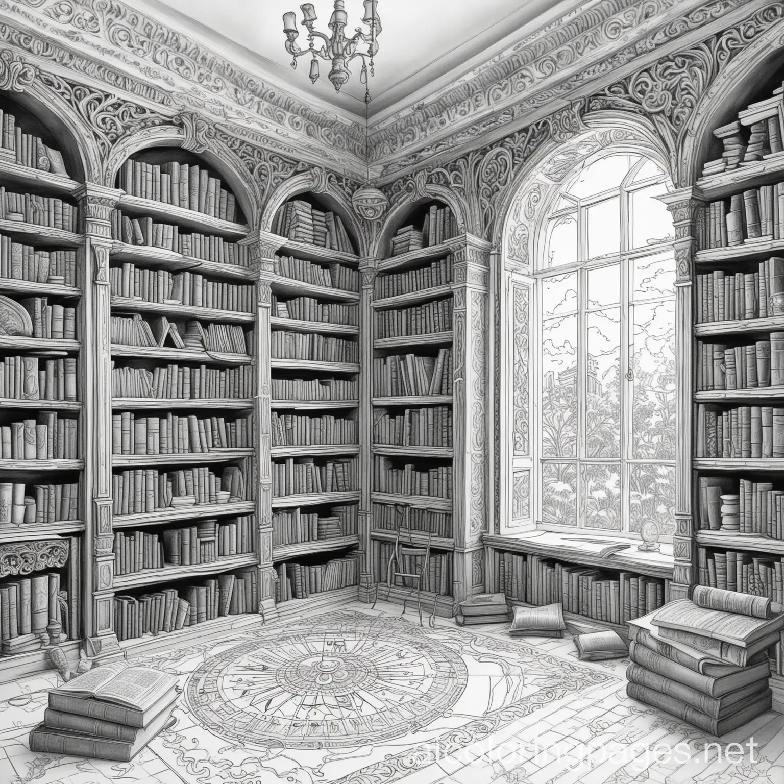 Magical-Library-Coloring-Page-for-Adults-Black-and-White-Line-Art