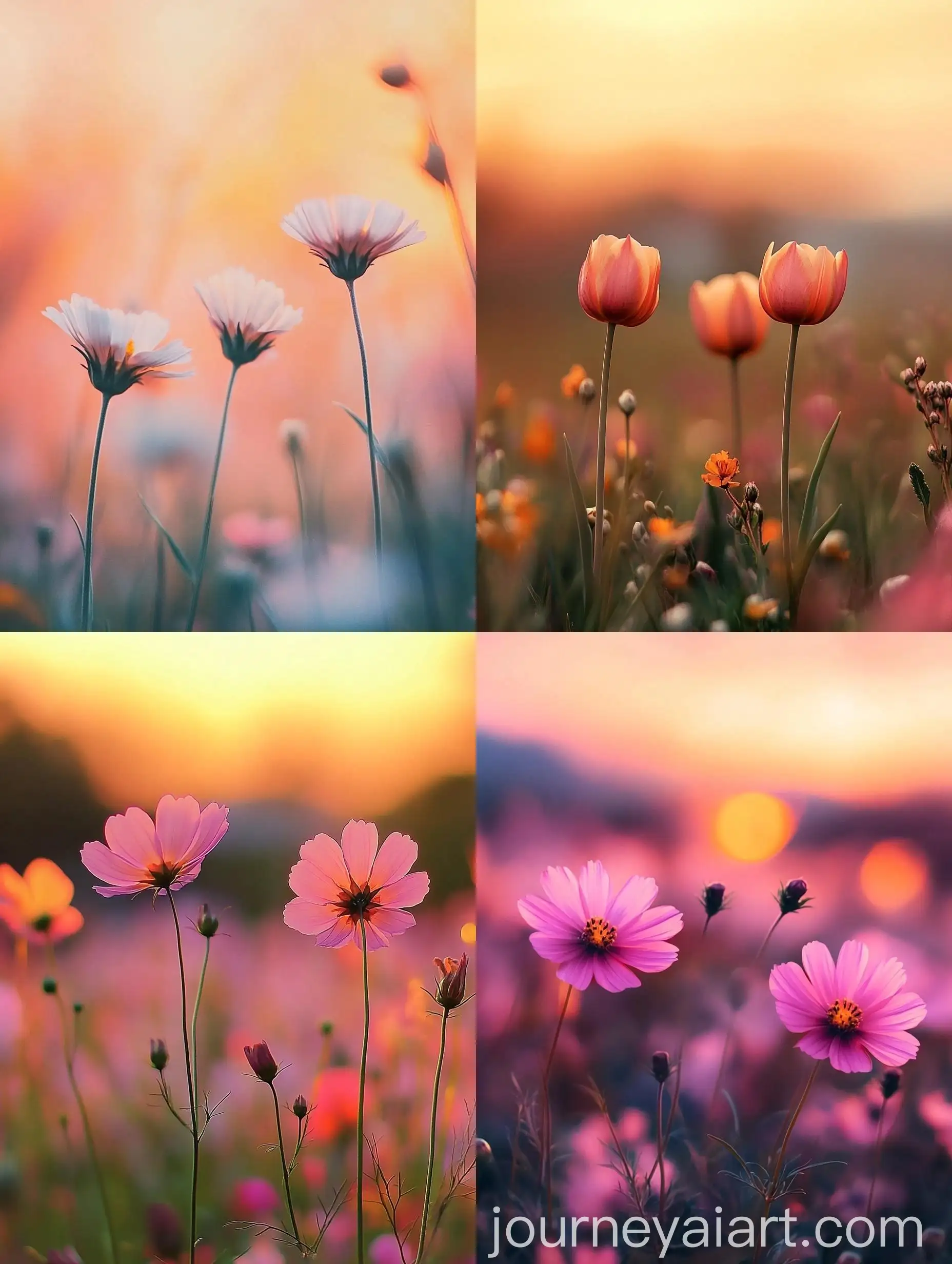 Three-Vibrant-Flowers-with-Sunset-Background