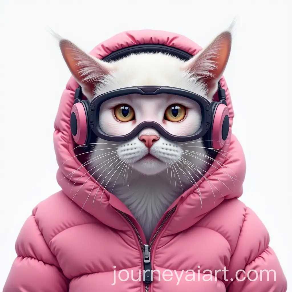 HyperRealistic-WhiteAI-Art-Prompt-Expansion-Cat-in-Pink-Down-Jacket-with-Headphones-and-Mountain-Goggles