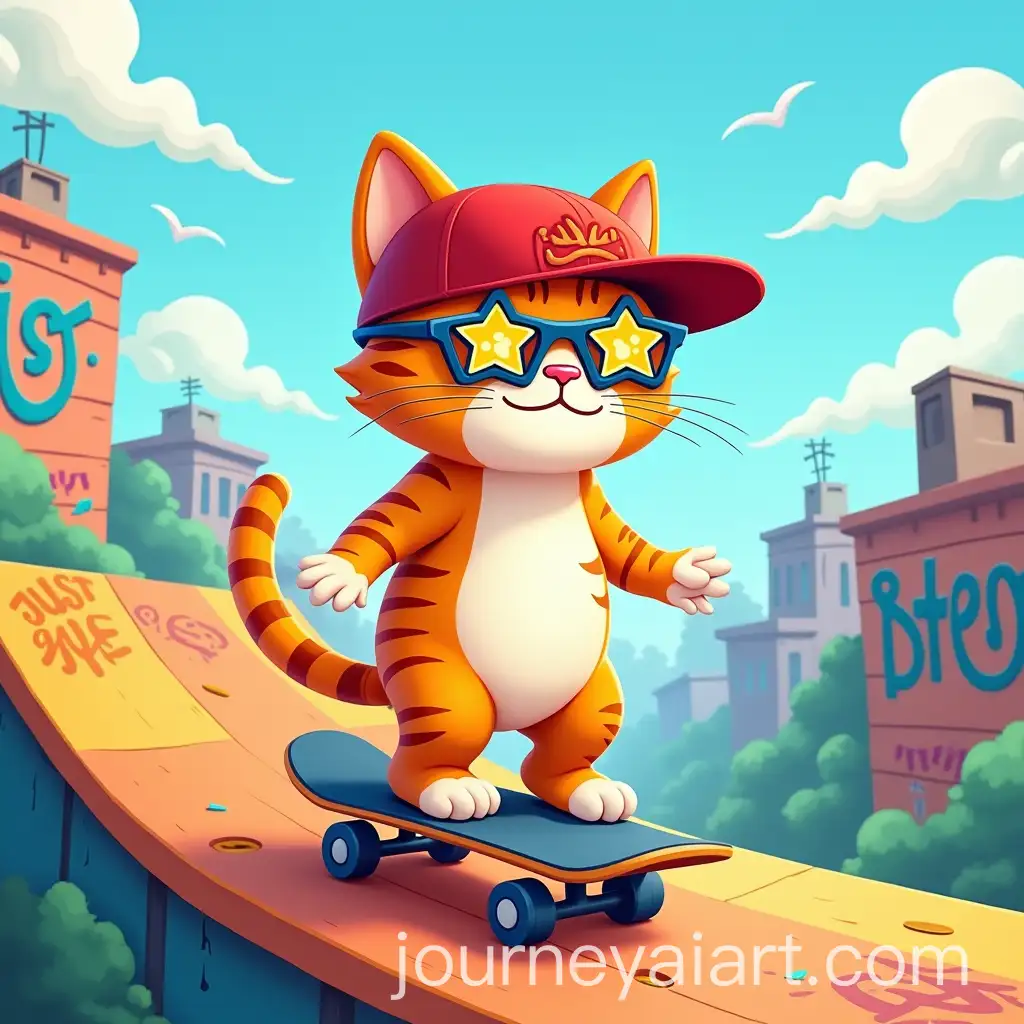 Cartoon-Orange-and-White-Striped-Cat-Skateboarding-with-Graffiti-and-FishShaped-Clouds