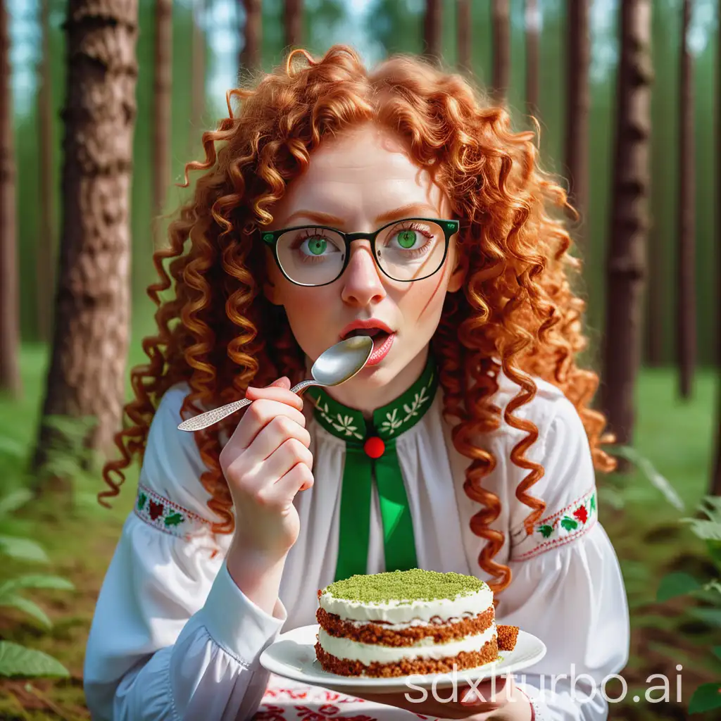 30 year old ginger sporty business girl with green eyes and curly hair wearing glasses and white traditional slavic dress with red slavic ornament speaks eats tiramisu with teaspoon in forrest sunny weather