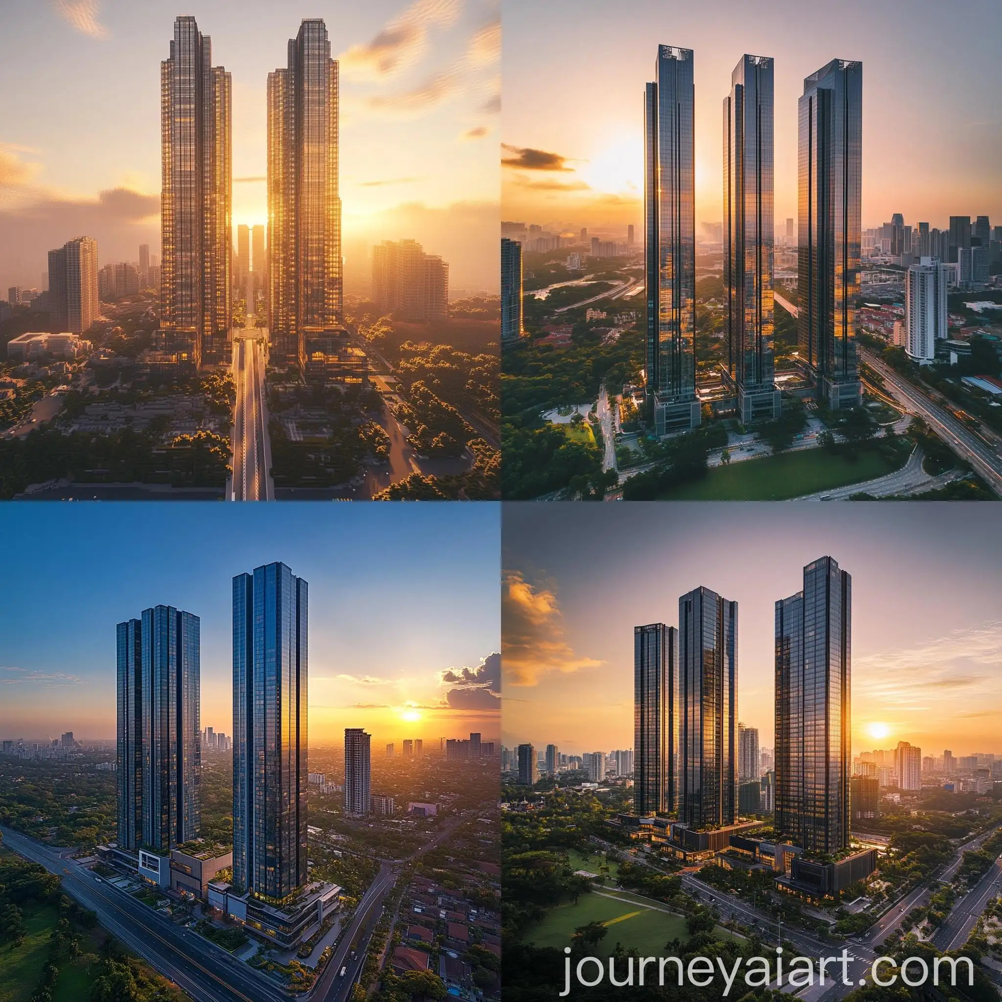 Urban-Skyscrapers-at-Sunset-Surrounded-by-Nature