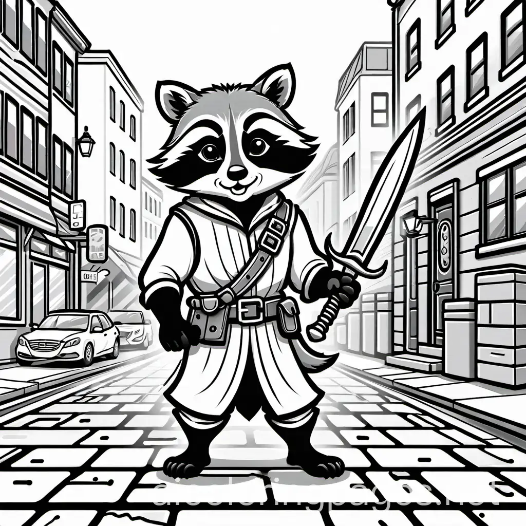 Fantasy-Raccoon-Sneaking-through-City-Street-Coloring-Page