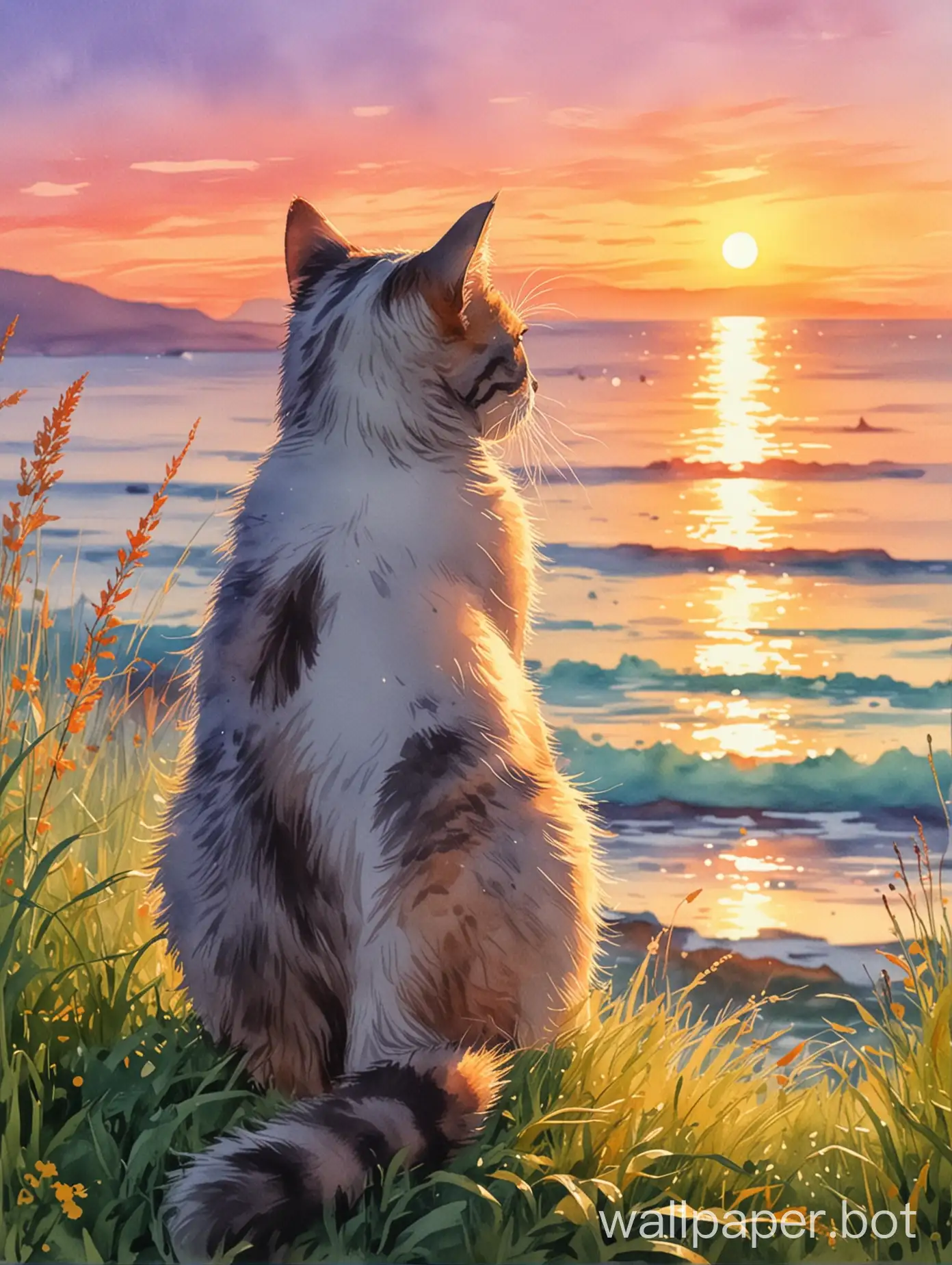 cute cat sitting on grass looking out at sea, sunset, watercolor style, vivid colors, 21:9 aspect ratio, 3440x1440 resolution