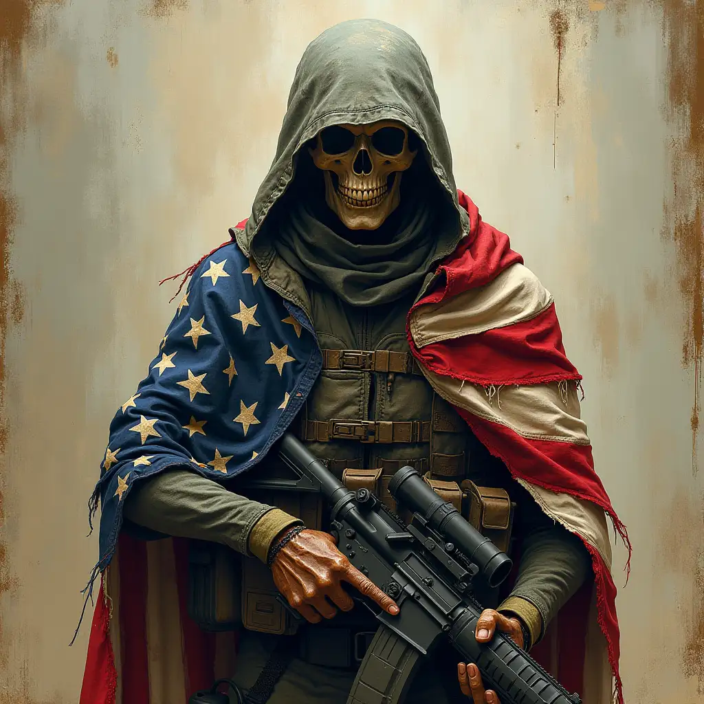 soldier; skeleton; American flag draped across shoulders; distressed; grunge; modern; special forces