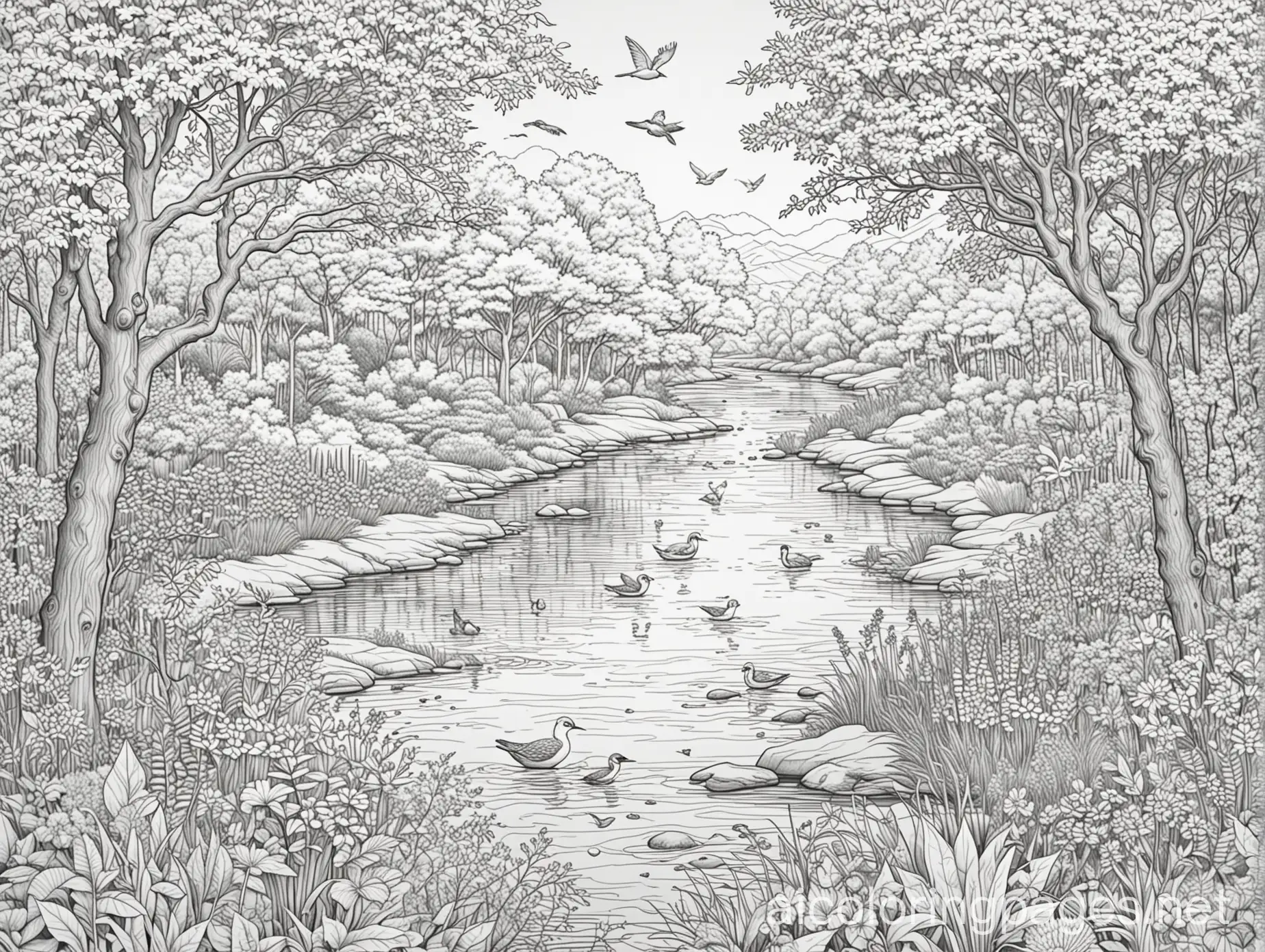 Adult coloring book, draw and capture river and trees and flowers in full bloom.  Include birds. NO shades, no color., Coloring Page, black and white, line art, white background, Simplicity, Ample White Space. The background of the coloring page is plain white to make it easy for young children to color within the lines. The outlines of all the subjects are easy to distinguish, making it simple for kids to color without too much difficulty