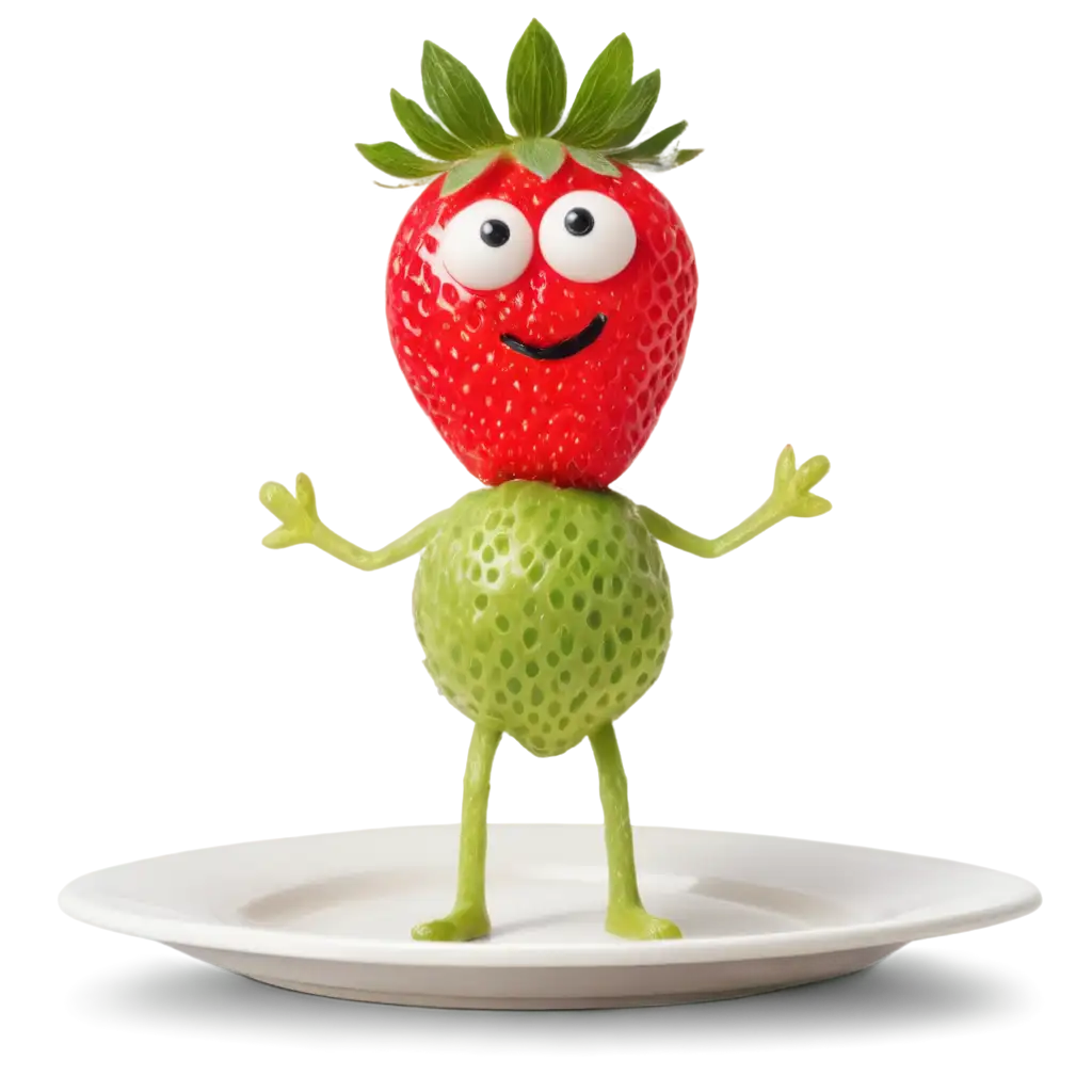 a strawberry with arms and legs is standing on a plate