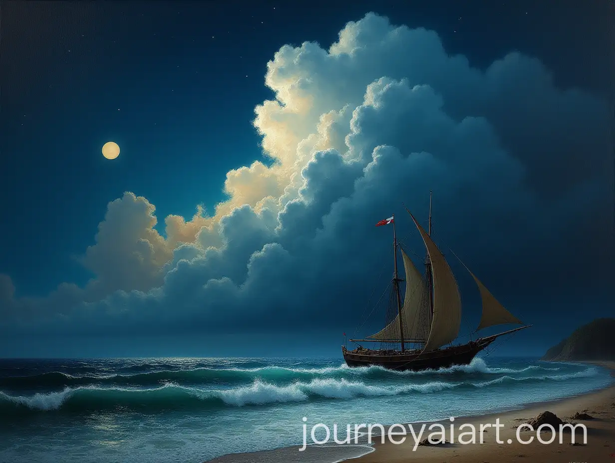 Dramatic-Oil-Painting-of-a-Giant-Boat-Amidst-Stormy-Seas-at-Night