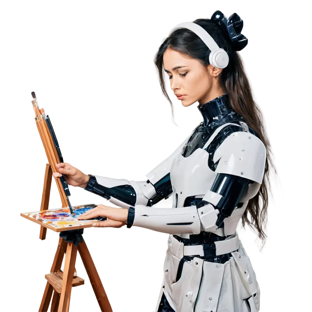 Synthetic-Robot-Drawing-with-a-Brush-on-an-Easel-PNG-Image-for-HighQuality-Digital-Art-and-Design