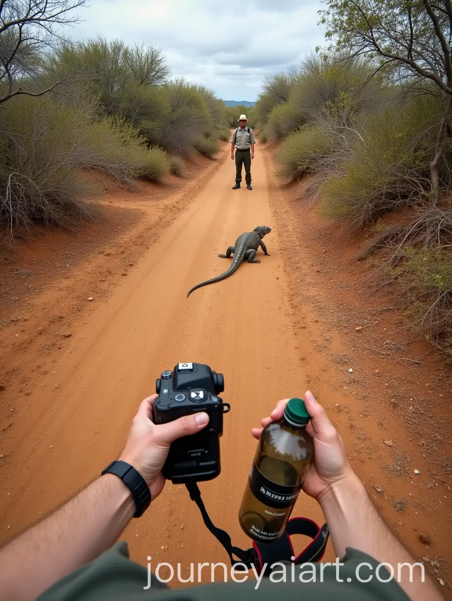 Man-on-Dry-Dirt-Trail-with-Camera-and-Water-Bottle-Savanna-Landscape-and-Komodo-Dragon-in-Distance