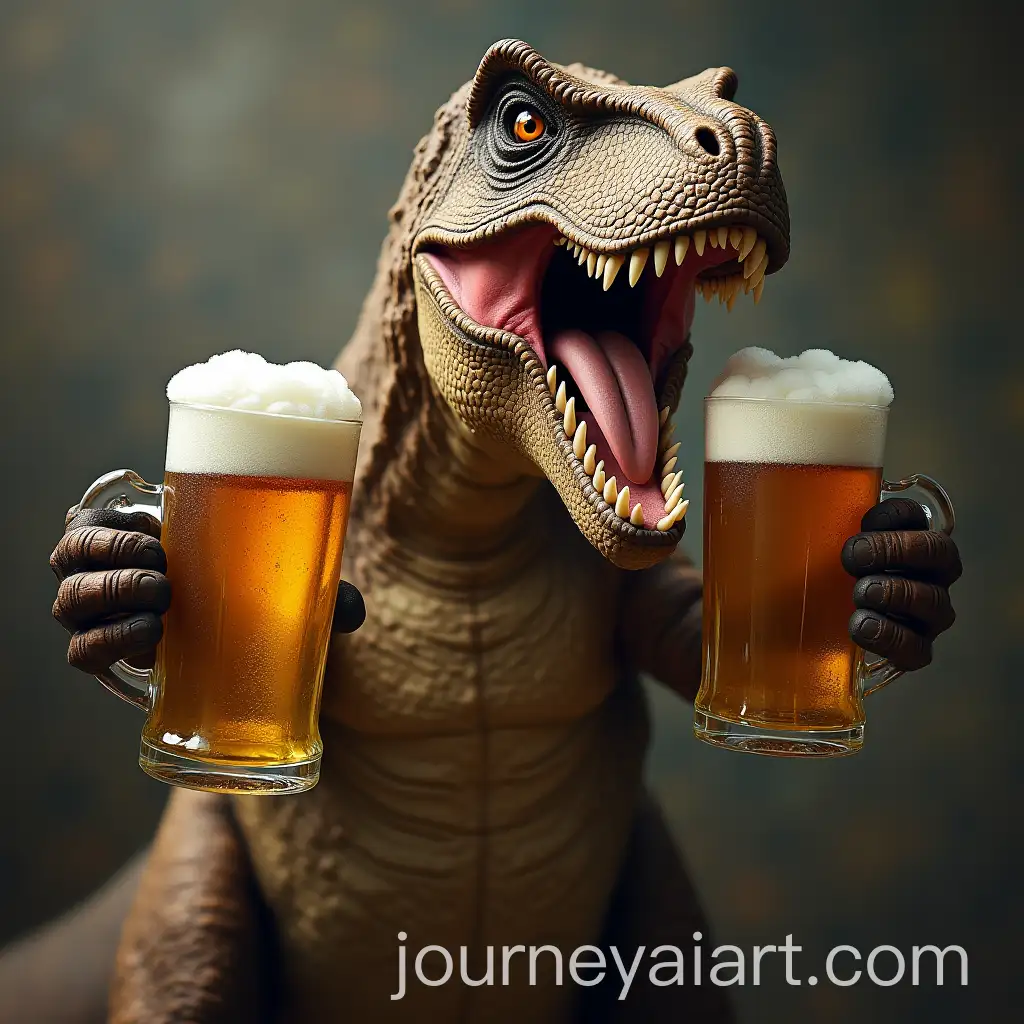 Tyrannosaurus-Rex-Holding-Beer-Mugs-in-Hyperrealistic-Style
