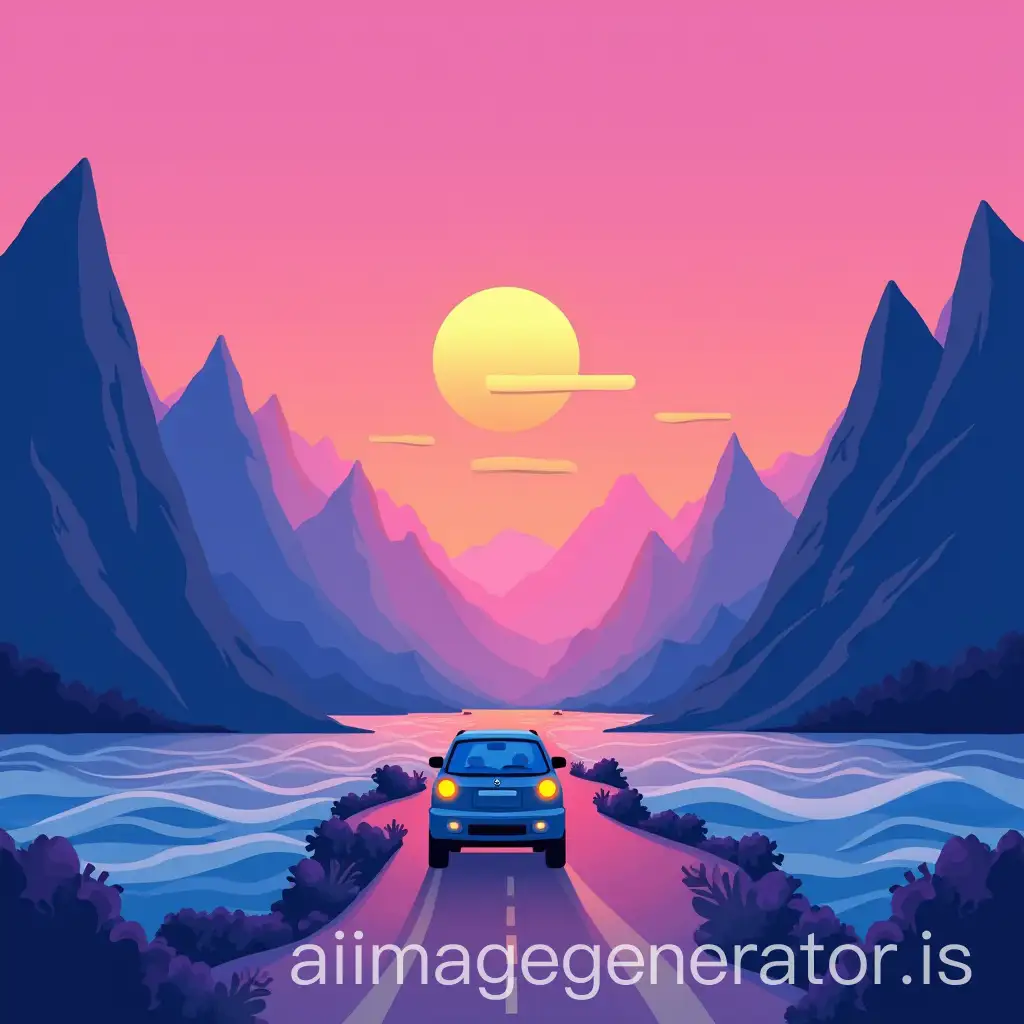 A sunset with a pink sky and a yellow sun tinted with purple and pink. Big blue mountains on the left and right. A blue car in the center on a road or natural path. Stylized waves at the bottom left and right.