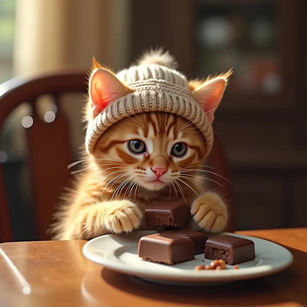 ginger nice real kitten in knitted hat sits at the dining table and eats chocolate bar