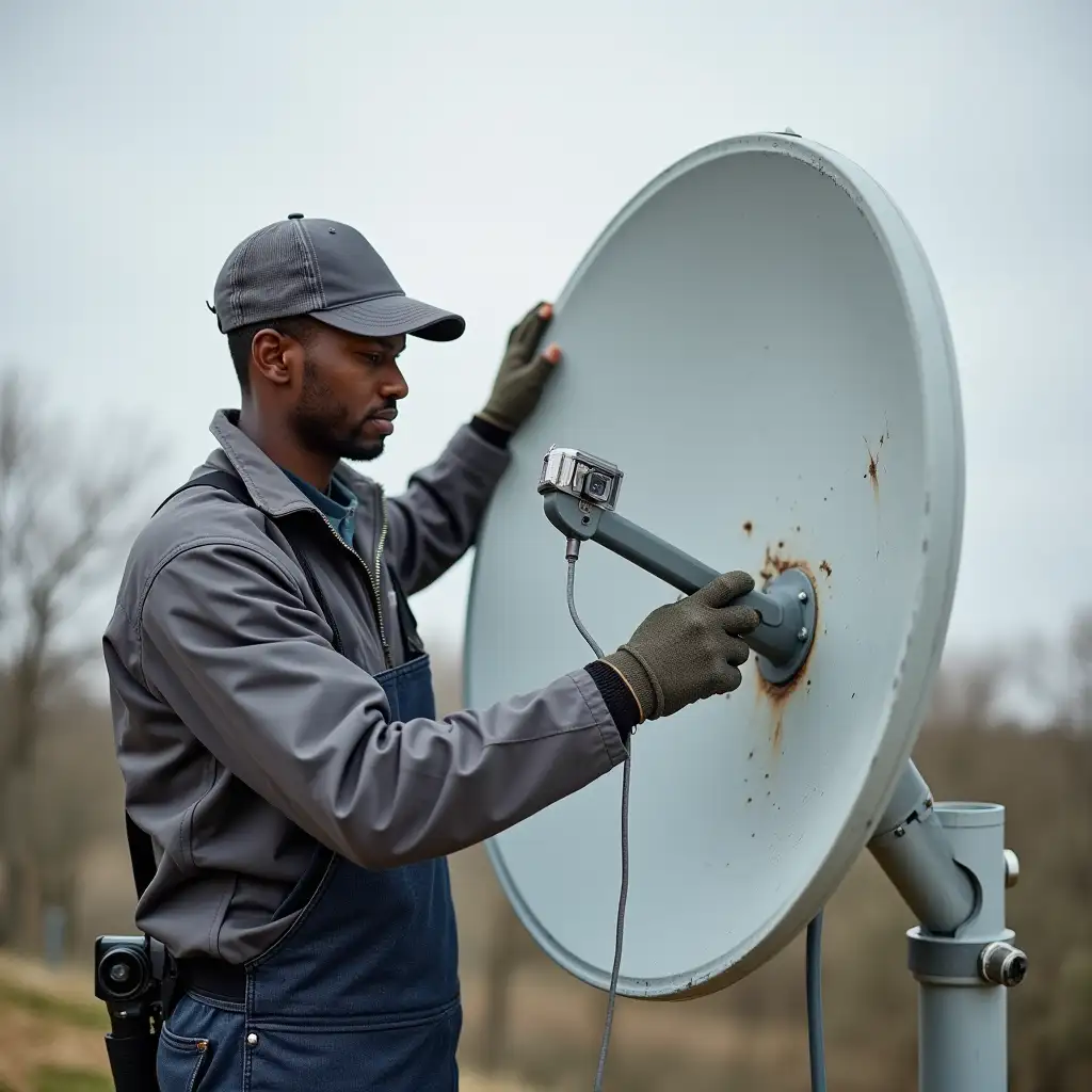 black man installing satelite dish