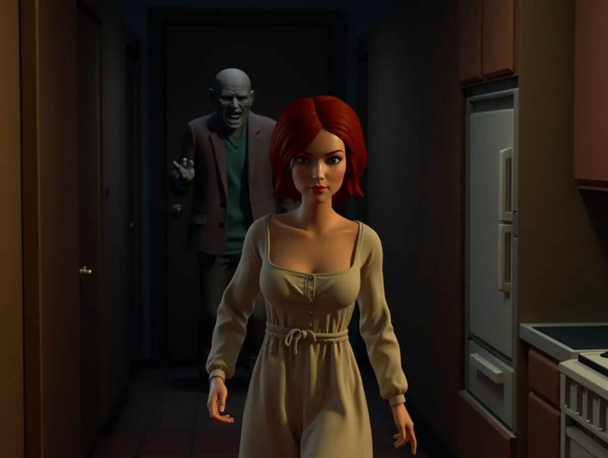 1990s 3D ps1 styled Gameplay screenshot for PlayStation featuring a 3D polygonal characters models of a pretty young attractive woman with red hair in a cardigan and a nightgown running towards the backdoor of a kitchen from a conspicuous masked figure  3D 3rd person survival horror game 3d 1990s PlayStation One Graphics