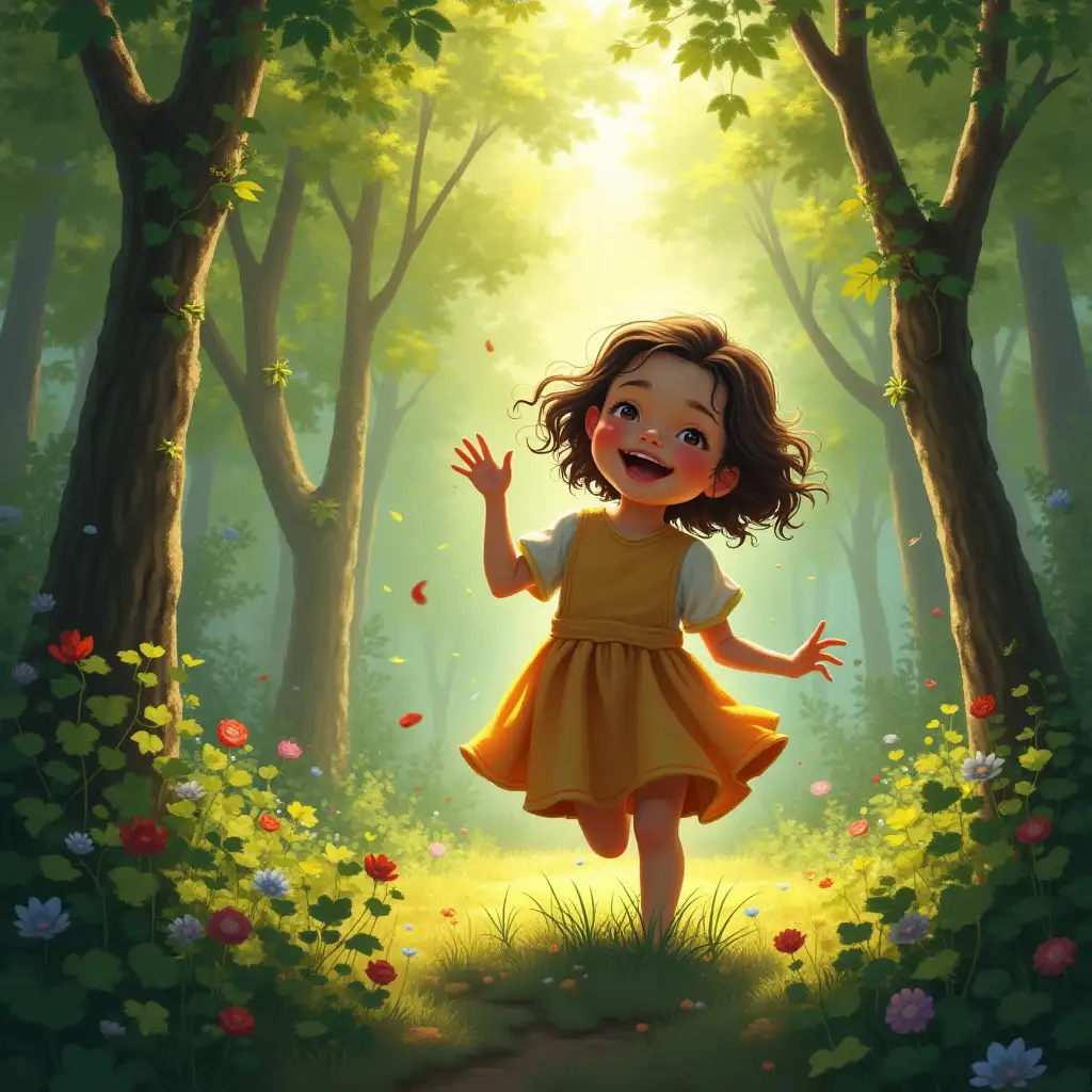 The artist's skill shines through, as they deftly depict the child's joy, their facial expression a blend of curiosity and delight. The forest's enchantment is palpable, with the play of sunlight filtering through the leaves, casting dappled shadows that accentuate the magical scene. This painting is not just a depiction, but a celebration of the unbridled