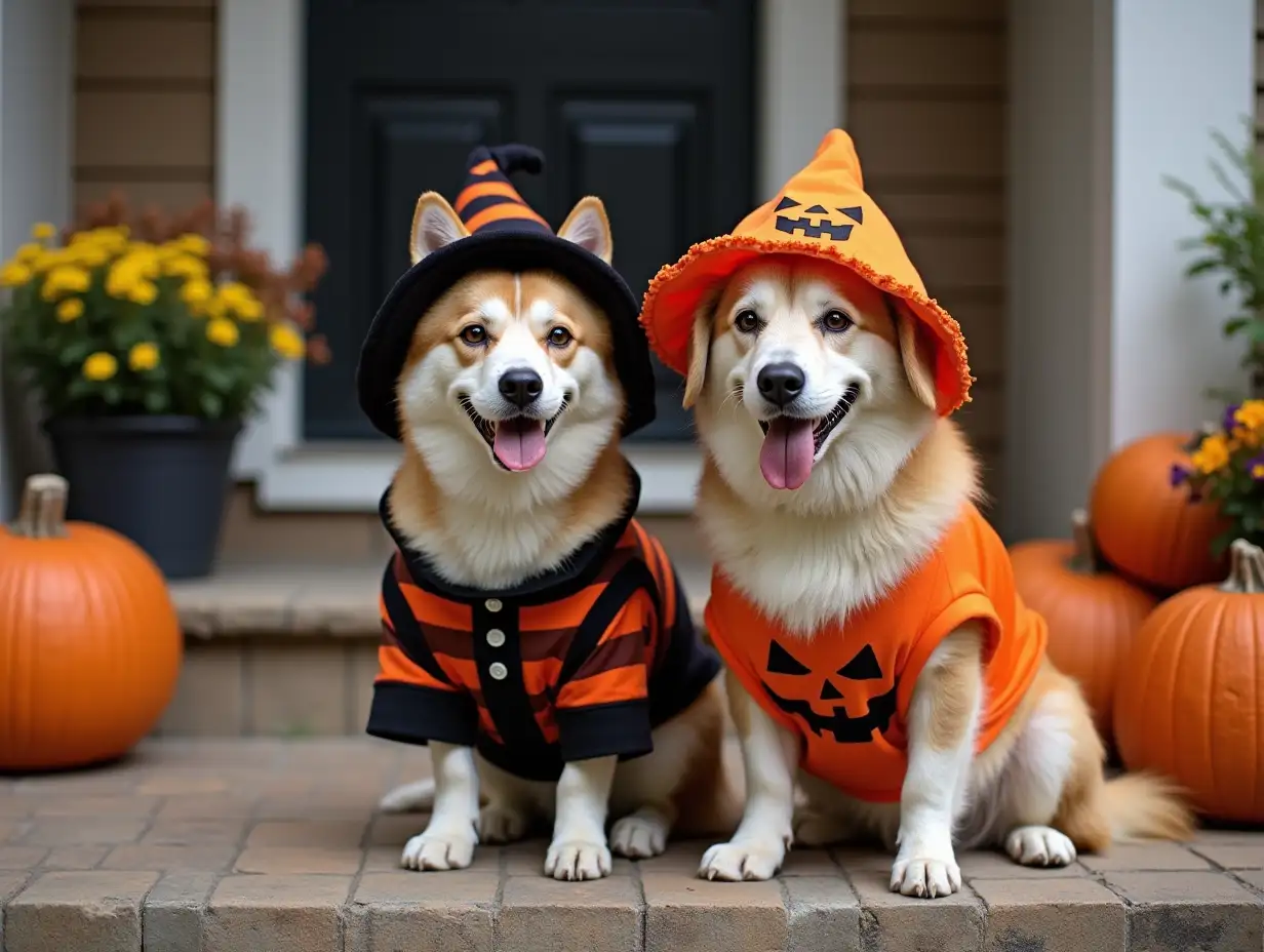 Furry-Friends-in-Festive-Halloween-Outfits-on-a-Spooky-Porch