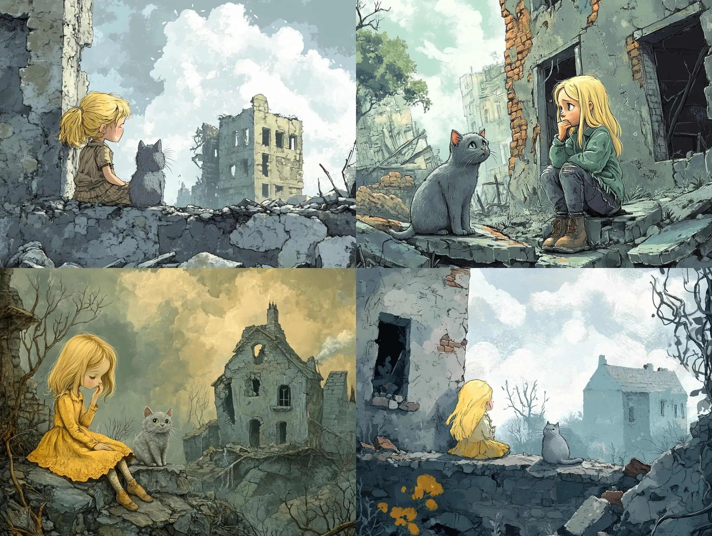 Fairy-Tale-Illustration-Girl-and-Cat-in-WarTorn-City-Ruins