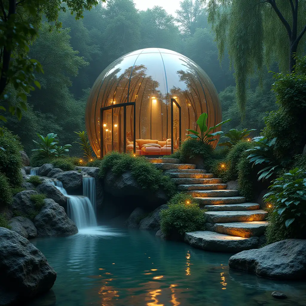 Create an image of an illuminated glass sphere house with natural stone steps in the jungle with a large pond, waterfall, hanging plants, rocks with bushes and vines and photorealistic detail of parts and lighting.