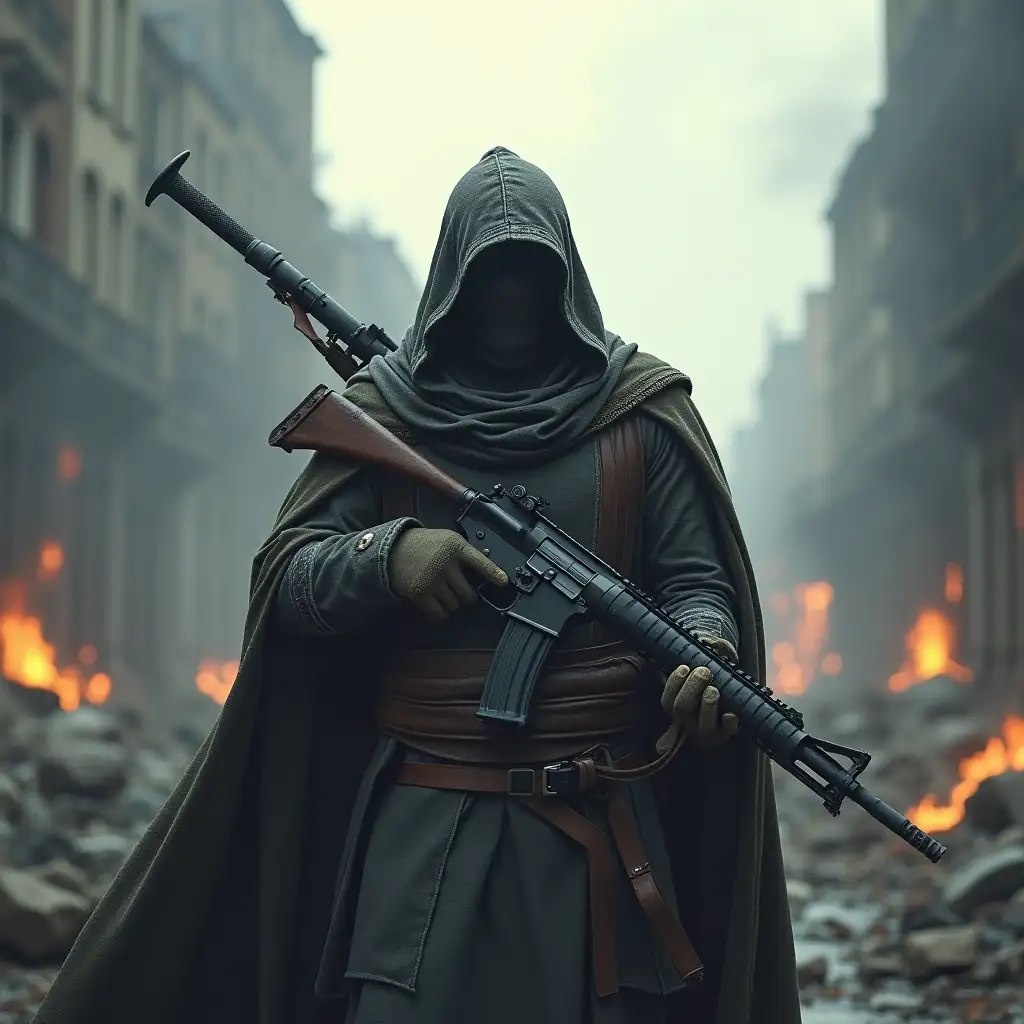 Cloaked Warrior with Assault Rifle and Broadsword in Ruined Urban Landscape