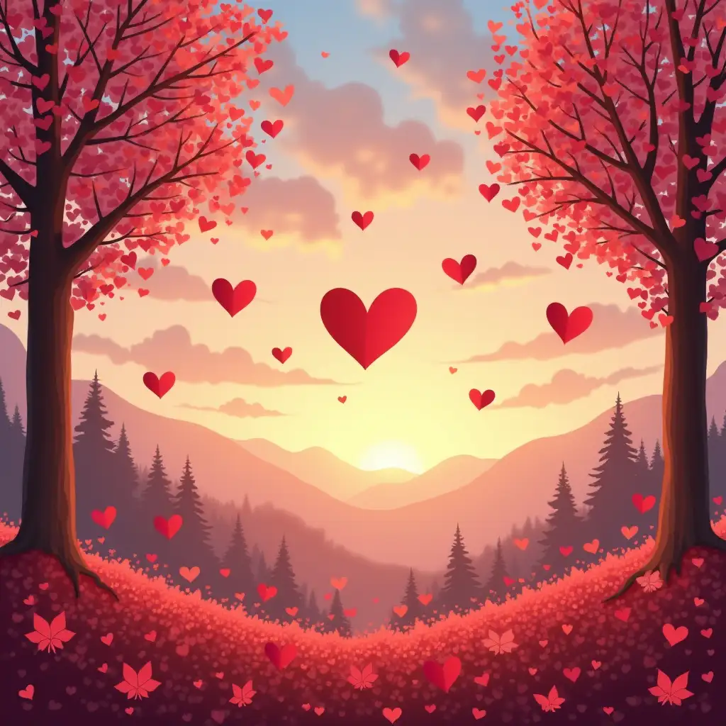 valentines day image with landscapes with flying hearts instead of leaves in nature