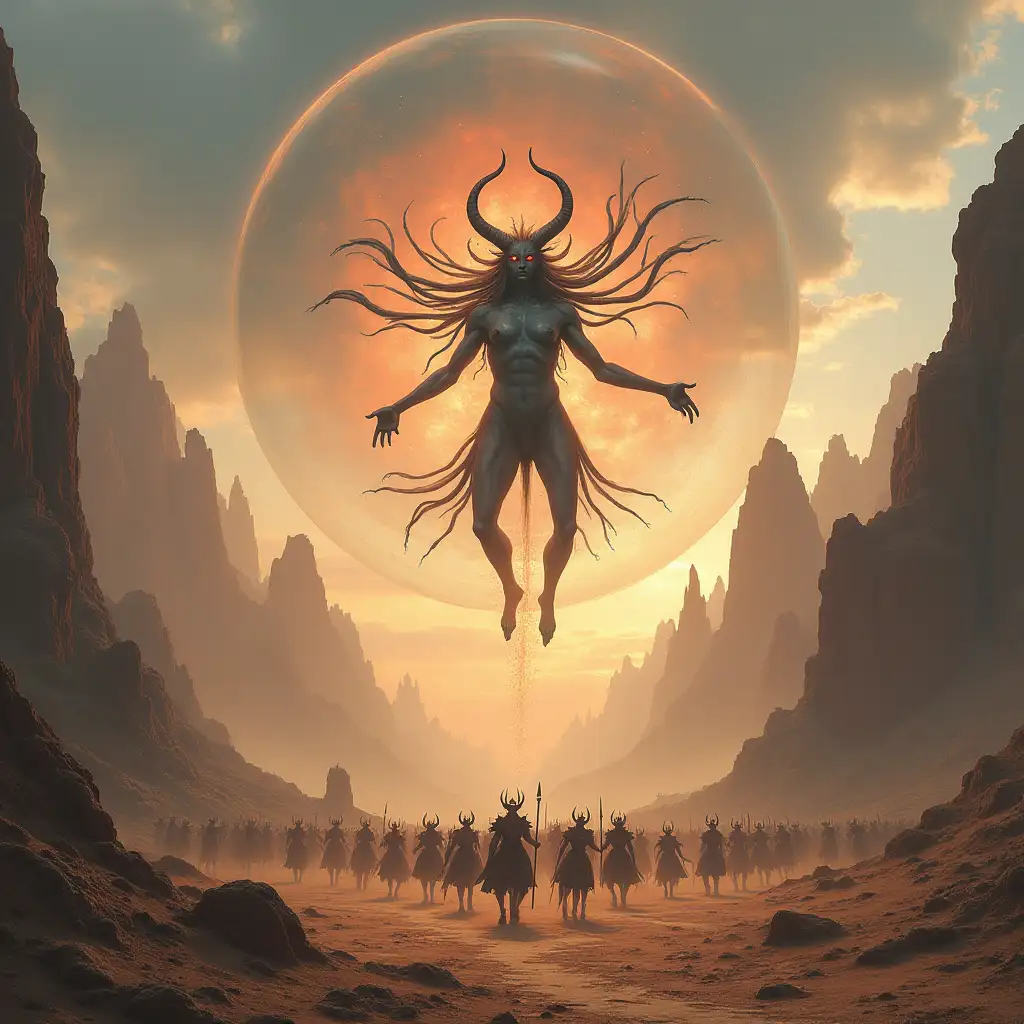 a mountainous desert view. in the sky there is a kali-like genderless demon with a long tongue and an army attempting to break through the dimensional barrier. it should appear in a bubble or surrounded by a dimension barrier.