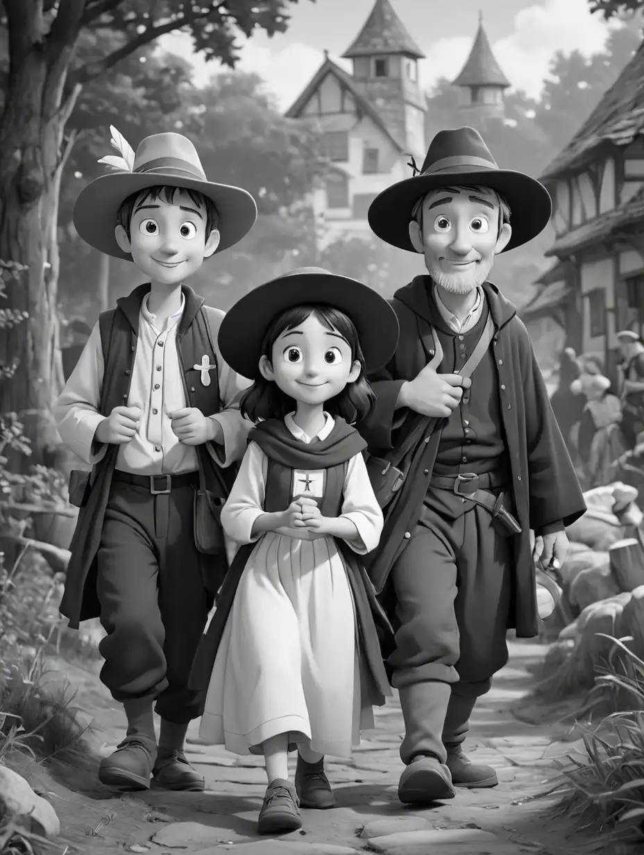 Cartoon Pilgrims in Black and White Sketch Style