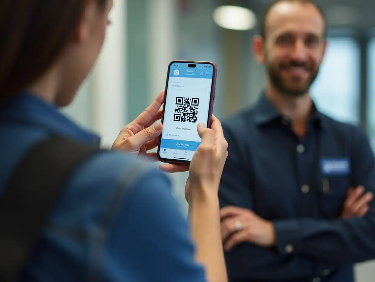 Visitor Presenting QR Code to Security Guard for Entry Registration