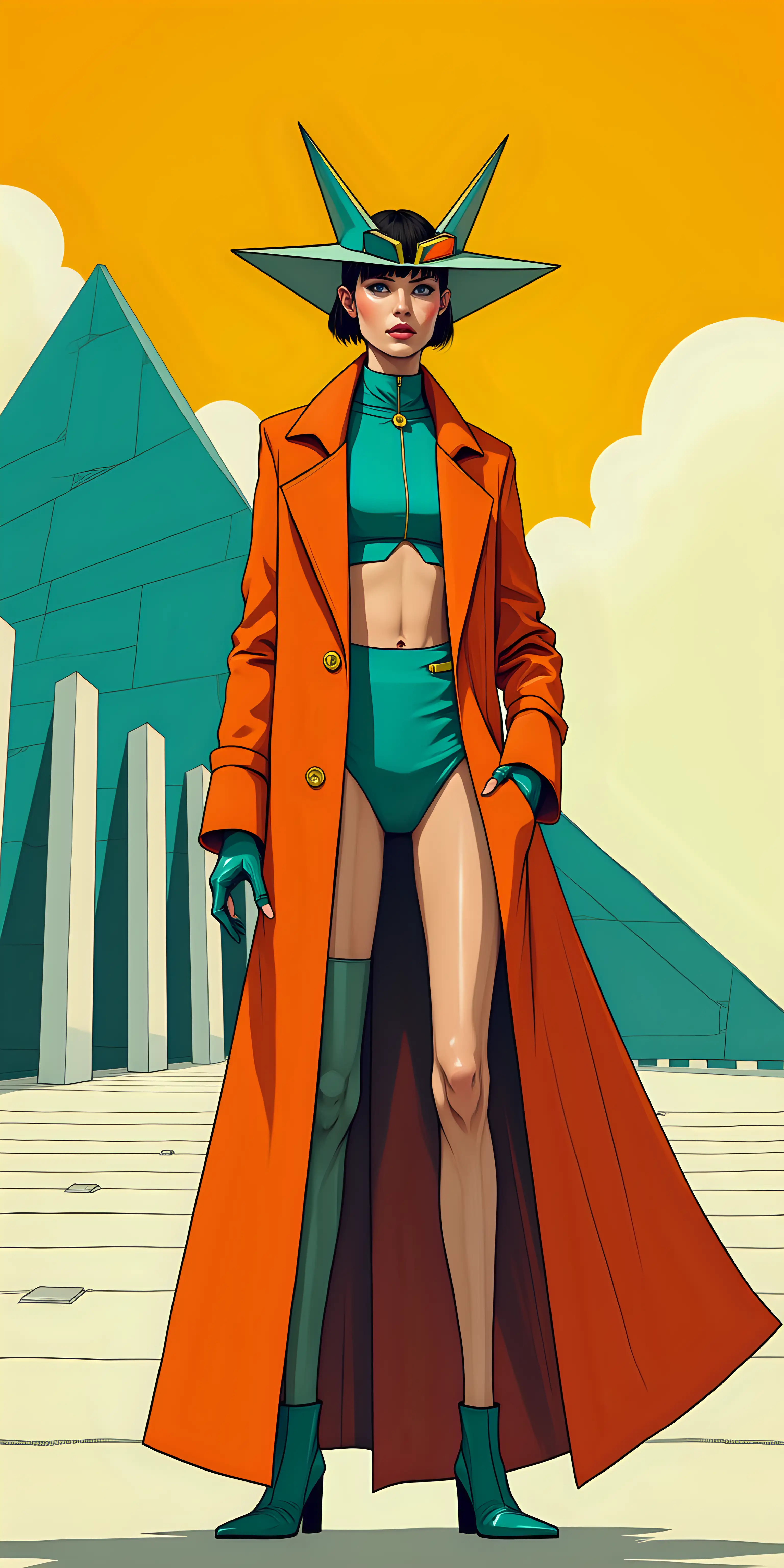 A stylized, modern illustration featuring an androgynous model standing confidently in a futuristic setting. The model wears an avant-garde outfit with a bright orange and turquoise asymmetrical design, complemented by a striking geometric headpiece with sharp, pointed shapes. The open coat reveals part of the model's upper body, blending elegance with bold, artistic fashion. In the background, a futuristic building with a pyramid-like structure is depicted, composed of turquoise panels and white columns. The sky is painted in warm yellow and orange hues, creating a dramatic and vibrant contrast. The lighting emphasizes the vivid colors and the interplay between the model and the futuristic architectural elements, evoking a retro-futuristic art style.