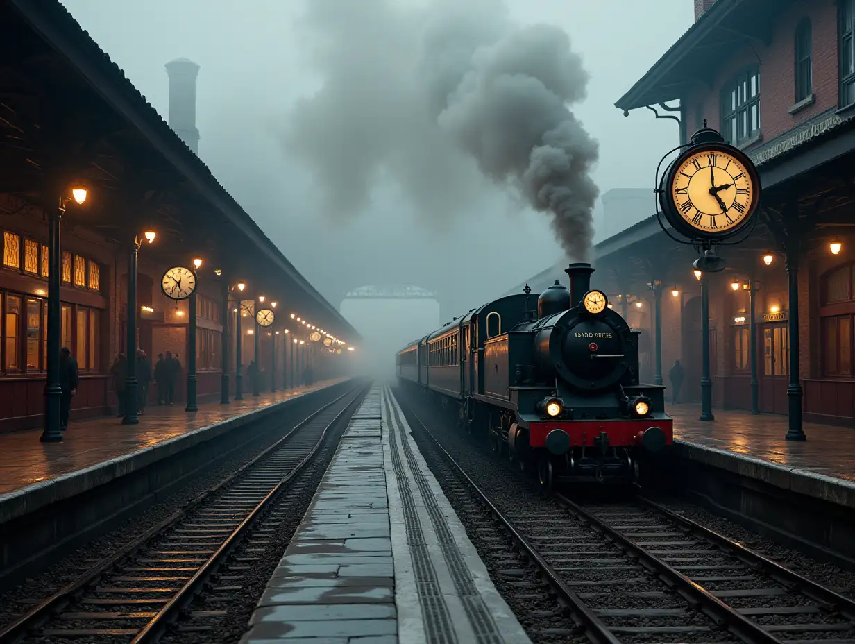 Create a station with multiple tracks,multiple steam locomotives. A lot of steam misting the station and a station clock shows five to twelve. Diagonal view