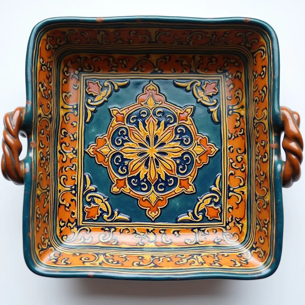 Square with rounded corners ceramic serving dish with embossed beautiful handle,Fine art, Hyper detailed,Antique and old, Qajar art, Iranian Tabriz carpet design