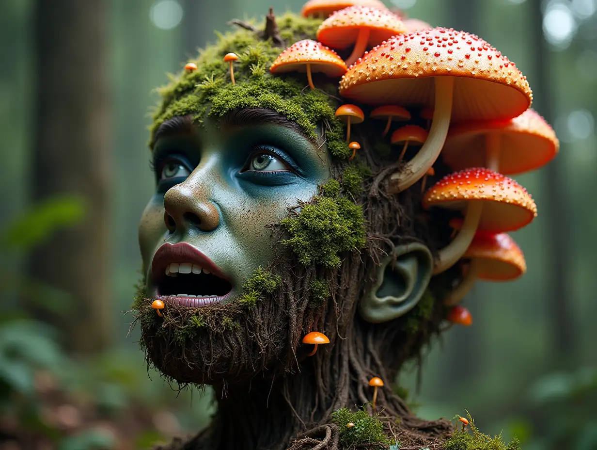 Face with colorful mushroom in mouth roots transformed into building in the forest