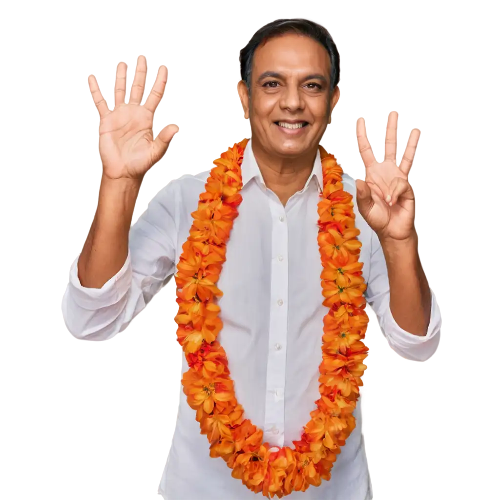 Indian-Politician-PNG-Image-Victory-Sign-Flower-Garland-and-White-Shirt-Perfect-for-Digital-Use