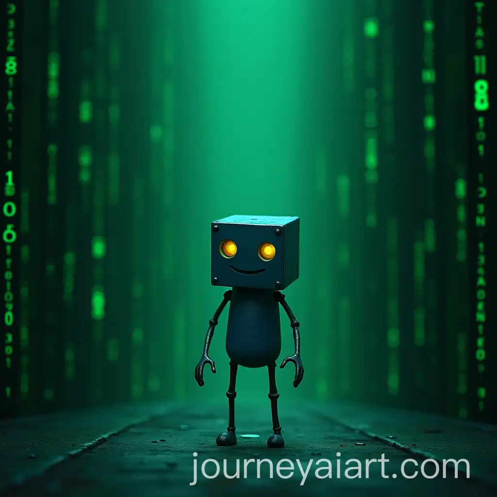 Strange-Little-Man-with-Blue-Cube-Body-Surrounded-by-Green-Numbers-in-Hyperrealistic-MatrixInspired-Setting