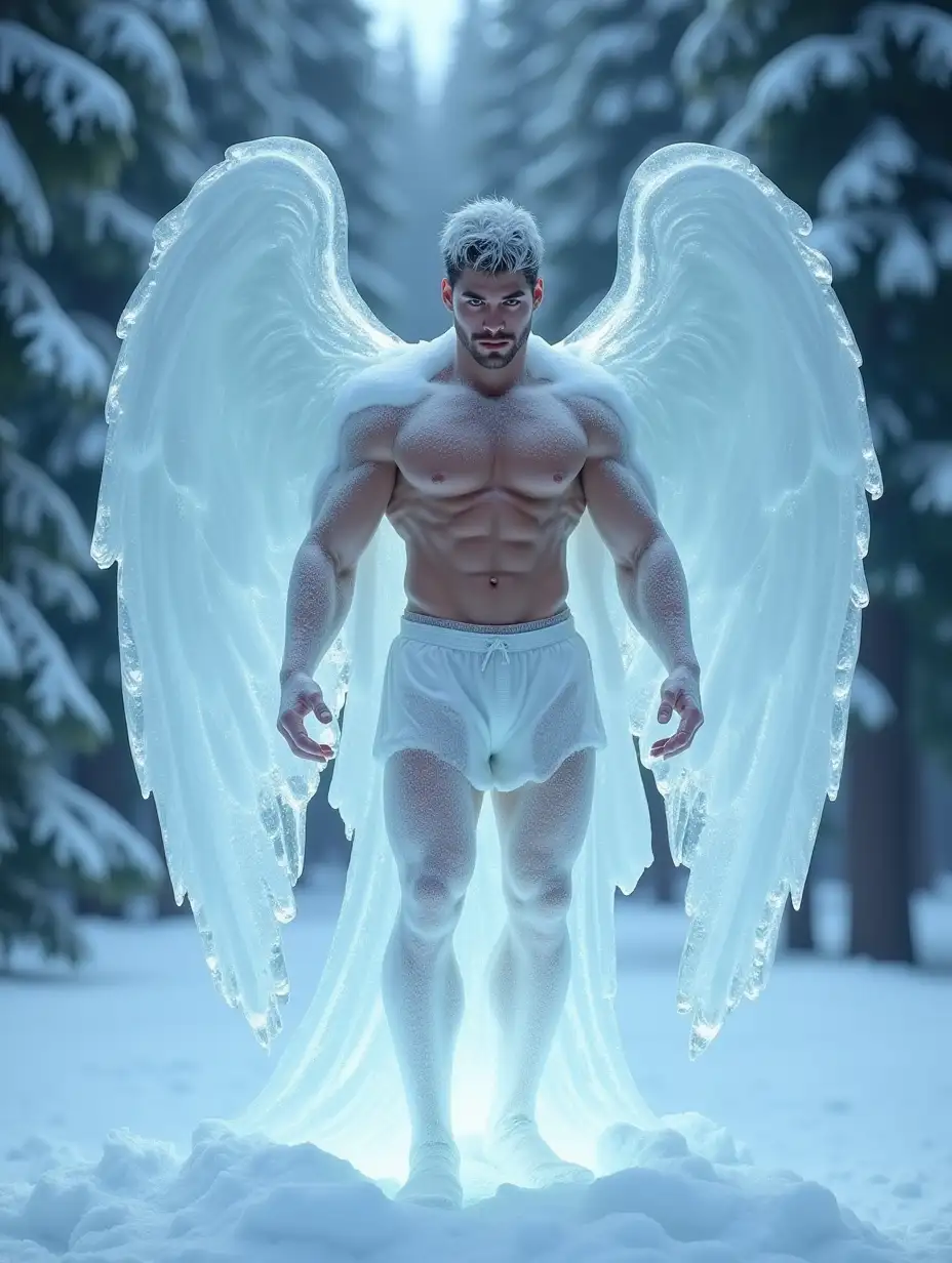 An ice statue of a handsome athletic male angel, 20-year-old, with bulging abs and pectorals, with outstretched big ice wings, bare chested with a ice cape over his shoulders, in a snowy fir forest, with unreal lighting. he scene is designed with stunning details like a realistic high-precision, high-definition, highly detailed photography.