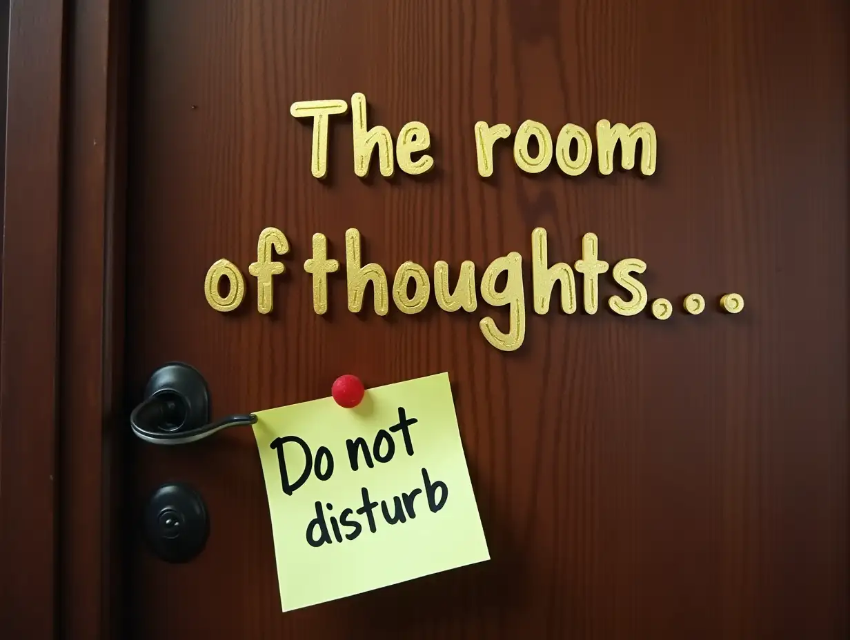 A photo of a door. In the middle of the door, the words 'The room of thoughts' are written in golden Sans font. And on the sticky note attached at the bottom left of the door, the word 'Do not disturb' is written in Alex Brush font. It should be a wooden door with a handle.