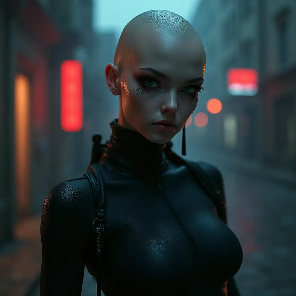 Cyberpunk, russian female thief, slit pupils, bald, invisible, chamelion skintight clothes