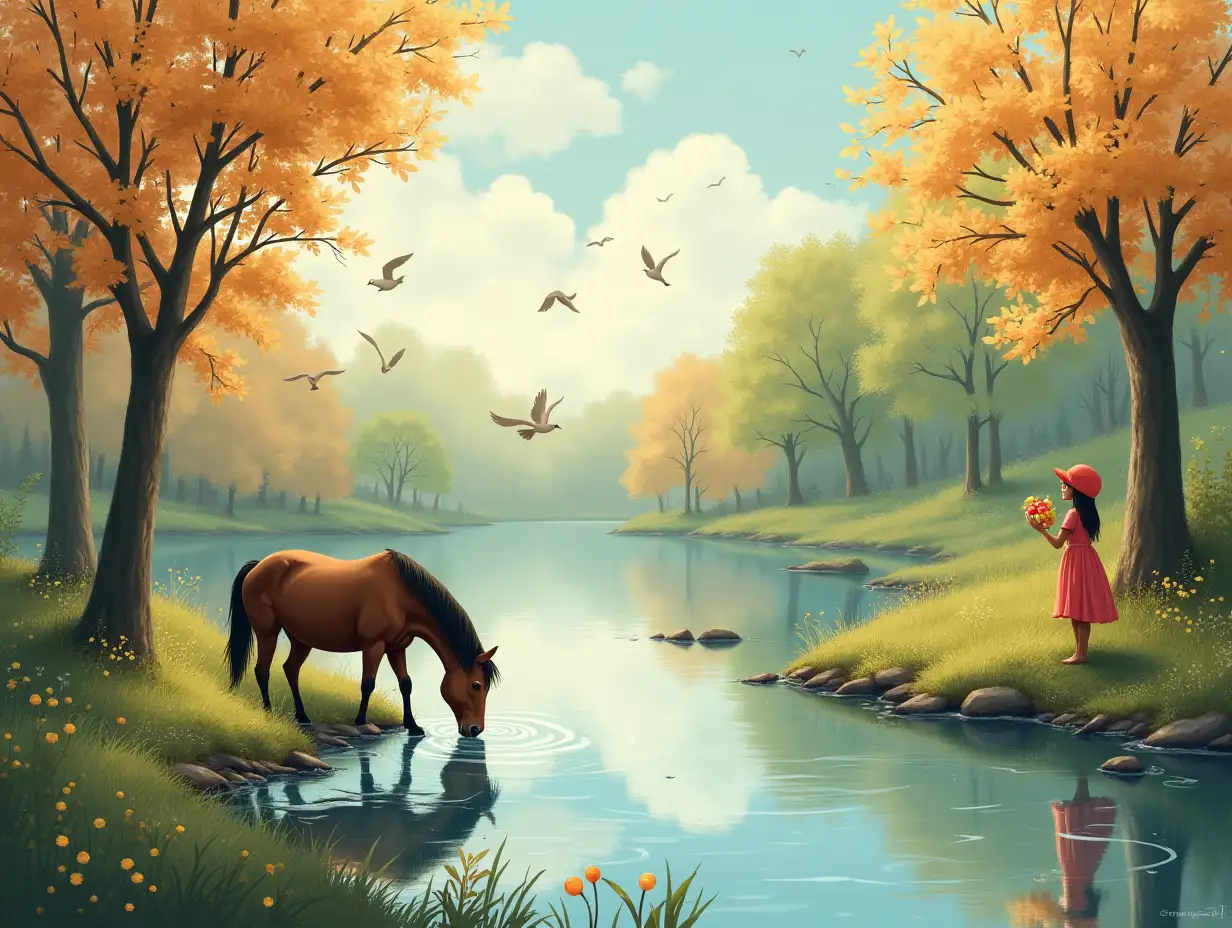 a beautiful morning... horse drinking water from river... birds are flying... a girl with cap collecting fruits... birds are flyinh... its a spring