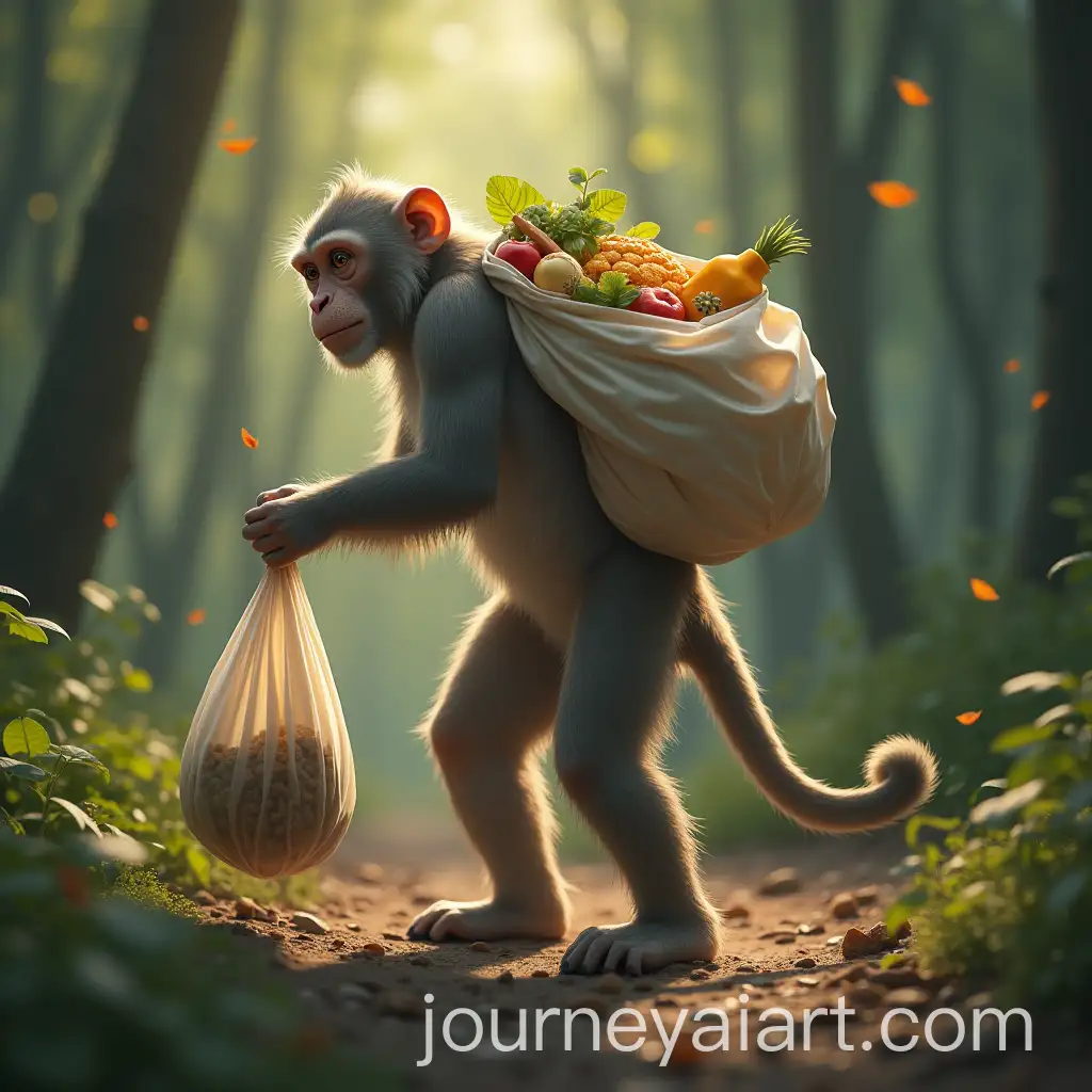 Monkey-Carrying-Plastic-Bag-Full-of-Food-in-Forest