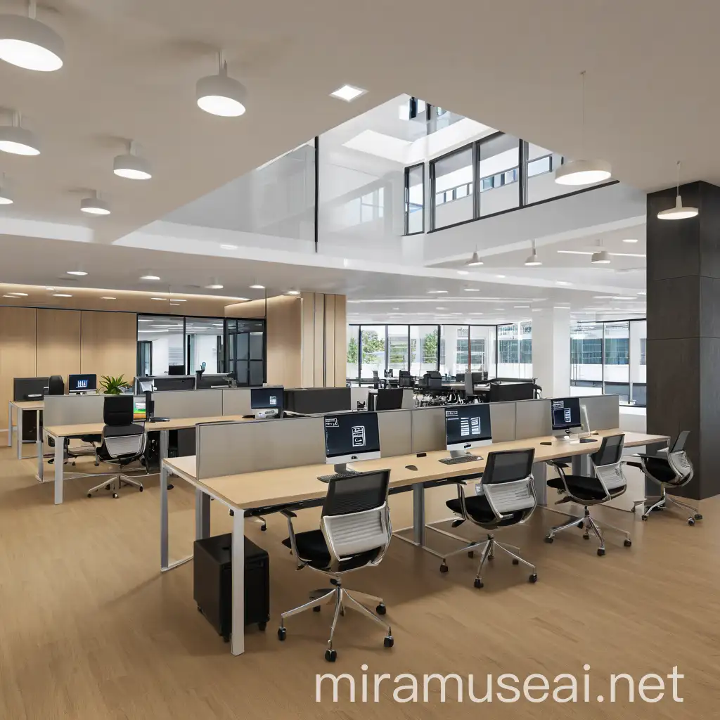 Modern Office Interior with Large Windows and Computer Screens