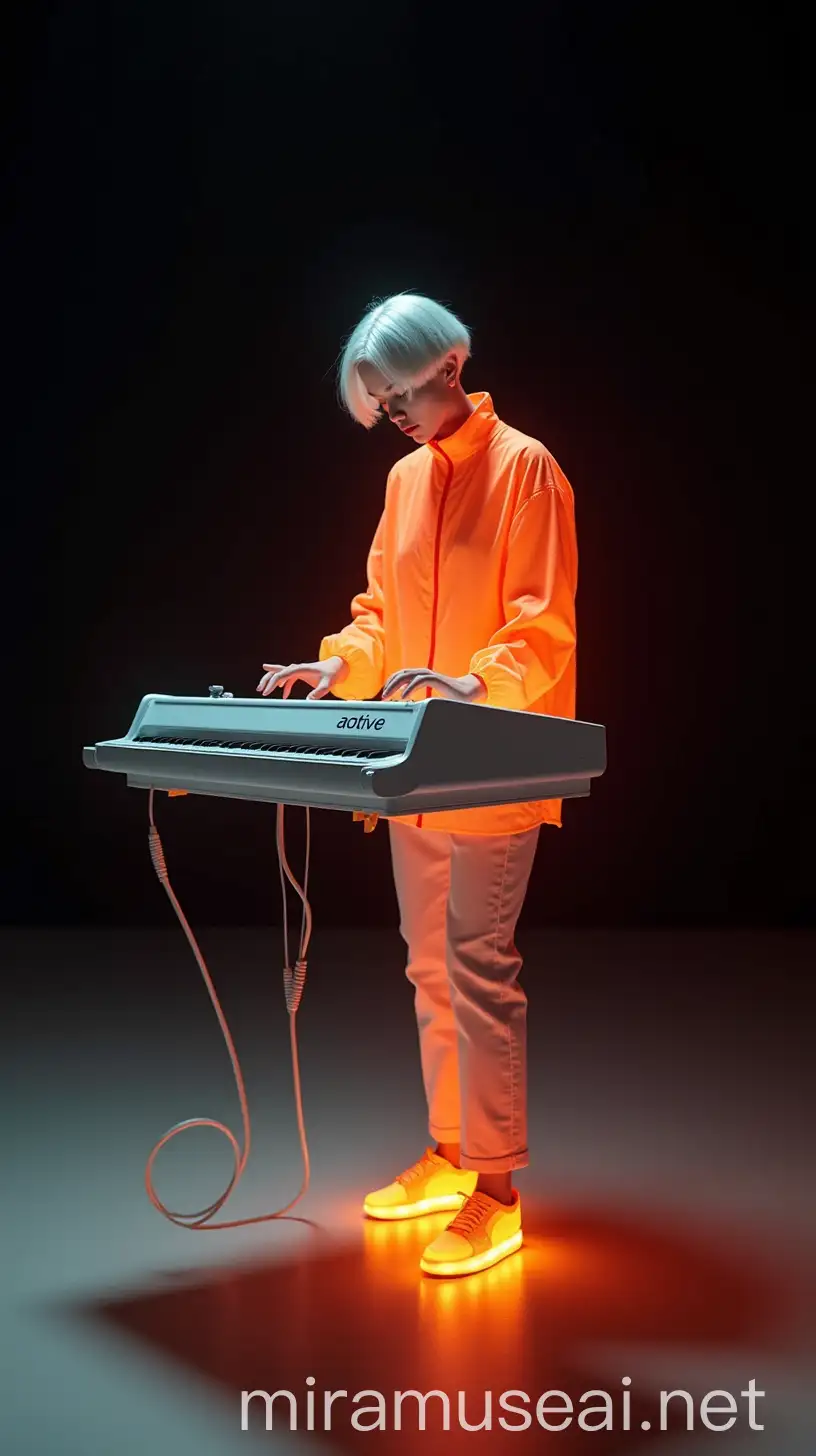 Futuristic Character Playing White Electronic Synthesizer in Dark Studio