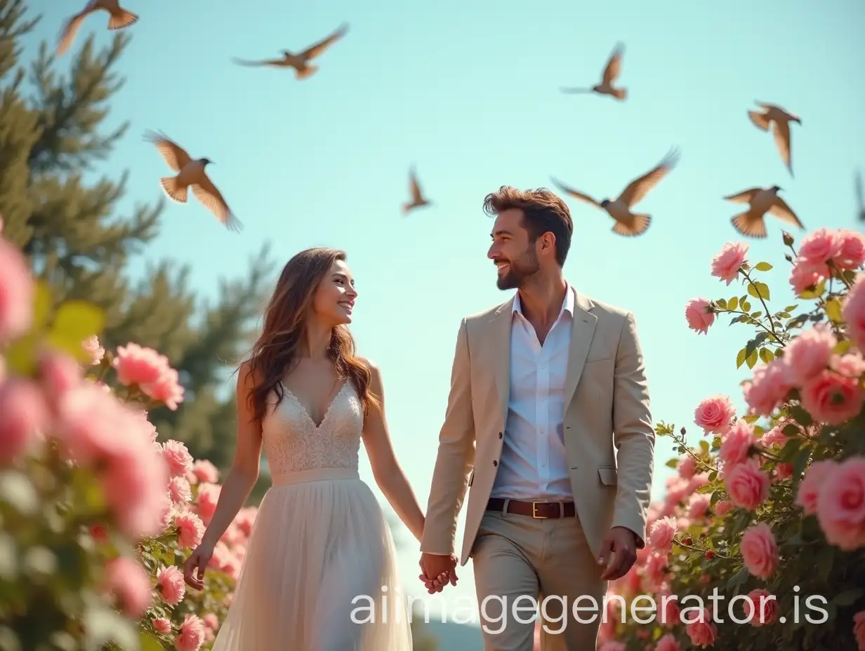 Elegant-CoupleAI-Image-Prompt-Expansion-in-a-Rose-Garden-Watching-Birds-Fly