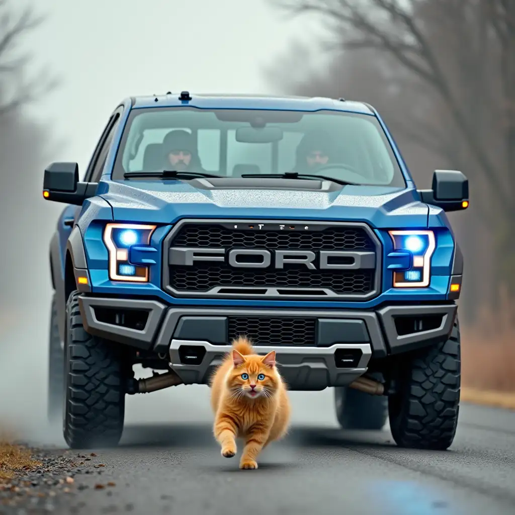 Huge blue ford f-150 raptor chasing a fluffy ginger cat, who is running away in horror on the road, blue eyes, in the car are driving scary punks, picture