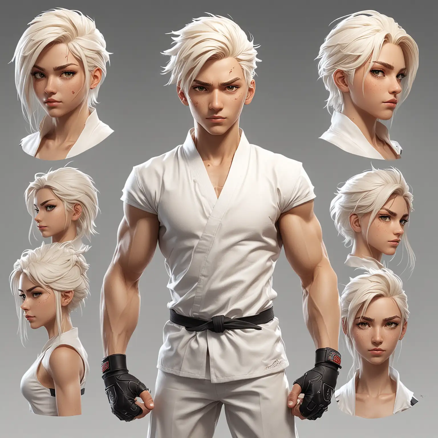 Create a cast of characters for a new cartoon anime series focusing on martial arts, superhuman abilities and extreme tech intelligence. All white skin characters, with cool hair
